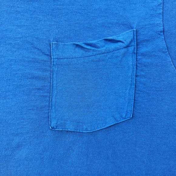 Vintage Blue Selvedge T-Shirt Adult Large Blank Pocket Fruit Of The Loom USA 80s - Picture 3 of 11